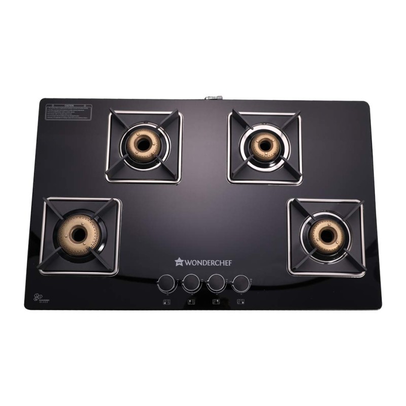 Wonderchef Octavia 4 Burner Glass Hob Top Manual Cooktop , Manual Hob Top | Manual Ignition | Forged Brass Burners | Stainless Steel Drip Tray | Anti-Skid Legs | Large & Heavy Pan support | LPG compatible | Black steel frame | 2 Year Warranty | Black
