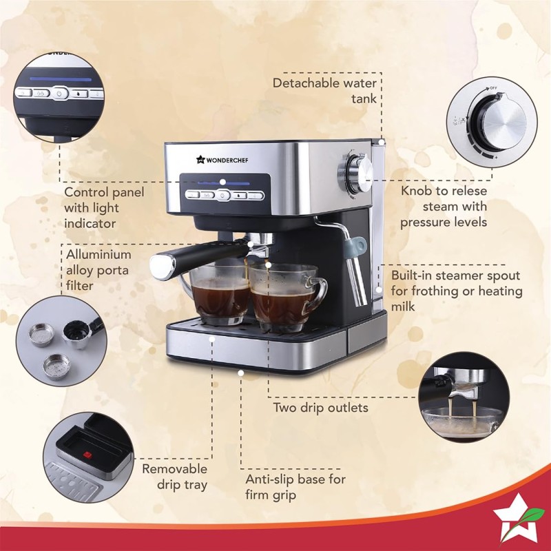 Wonderchef Regalia Espresso Coffee Maker 20 Bar | Ideal for Espresso, Cappuccino, Latt�, Macchiato or Ristretto at Home | with Steamer Spout for Cappuccino & Latte | 2 Years Warranty | Steel