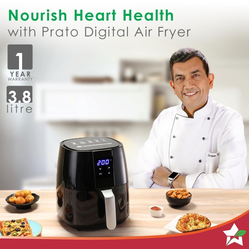 Prato Digital Air Fryer for Home and Kitchen with 5 Pre-set Menu|3.8 Litres Non-stick Basket| Fry, Grill, Bake & Roast| Rapid Air Technology| Auto Shut-Off| Healthy Cooking with 99% less Fat| Sleek & Compact| 1450 Wattage| Black|1 Year Warranty Prato Digital Air Fryer for Home and Kitchen with 5 Pre-set Menu|3.8 Litres Non-stick Basket| Fry, Grill, Bake & Roast| Rapid Air Technology| Auto Shut-Off| Healthy Cooking with 99% less Fat| Sleek & Compact| 1450 Wattage| Black|1 Year Warranty