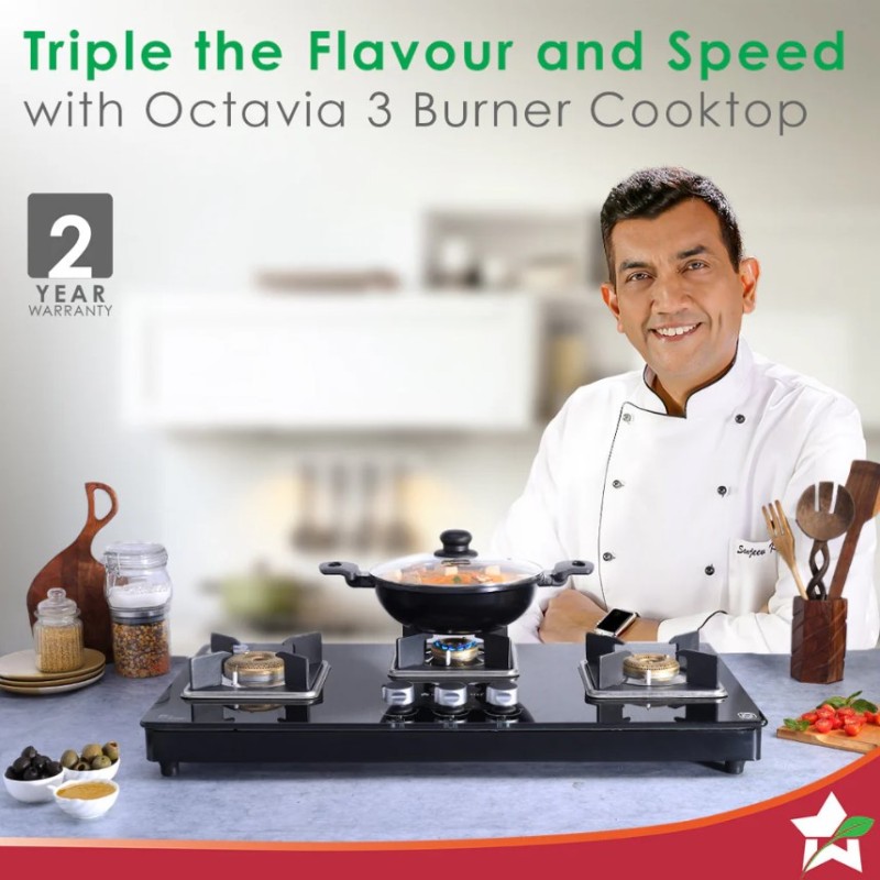 Octavia 3 Burner Glass Hob Top Auto Cooktop | 8mm Toughened Glass | Auto Ignition | Forged Brass Burners | Stainless Steel Drip Tray | Anti-Skid Legs | Large & Heavy Pan support | LPG compatible | Black steel frame | 2 Year Warranty | Black Octavia 3 Burner Glass Hob Top Auto Cooktop | 8mm Toughened Glass | Auto Ignition | Forged Brass Burners | Stainless Steel Drip Tray | Anti-Skid Legs | Large & Heavy Pan support | LPG compatible | Black steel frame | 2 Year Warranty | Black