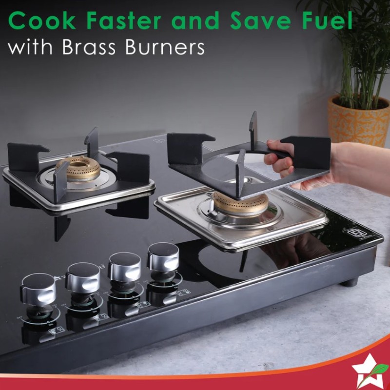 Octavia 4 Burner Glass Hob Top Auto Cooktop | 8mm Toughened Glass | Auto Ignition | Forged Brass Burners | Stainless Steel Drip Tray | Anti-Skid Legs | Large & Heavy Pan support | LPG compatible | Black steel frame | 2 Year Warranty | Black Octavia 4 Burner Glass Hob Top Auto Cooktop | 8mm Toughened Glass | Auto Ignition | Forged Brass Burners | Stainless Steel Drip Tray | Anti-Skid Legs | Large & Heavy Pan support | LPG compatible | Black steel frame | 2 Year Warranty | Black