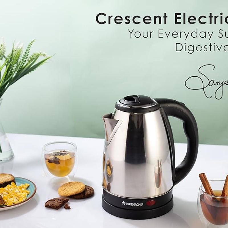 Wonderchef Crescent Electric Kettle 1800W with Stainless Steel Interior | Safety Locking Lid | 1.8L Capacity | 2 Years Warranty
