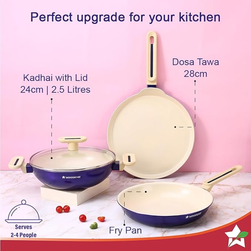 Wonderchef Bellagio Ceramic Non-stick 4 pc Cookware Set, Kadhai with Lid, Fry Pan and Dosa Tawa, Electric Blue, 2 Year warranty by Wonderchef