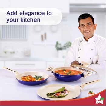 Wonderchef Bellagio Ceramic Non-stick 4 pc Cookware Set, Kadhai with Lid, Fry Pan and Dosa Tawa, Electric Blue, 2 Year warranty by Wonderchef