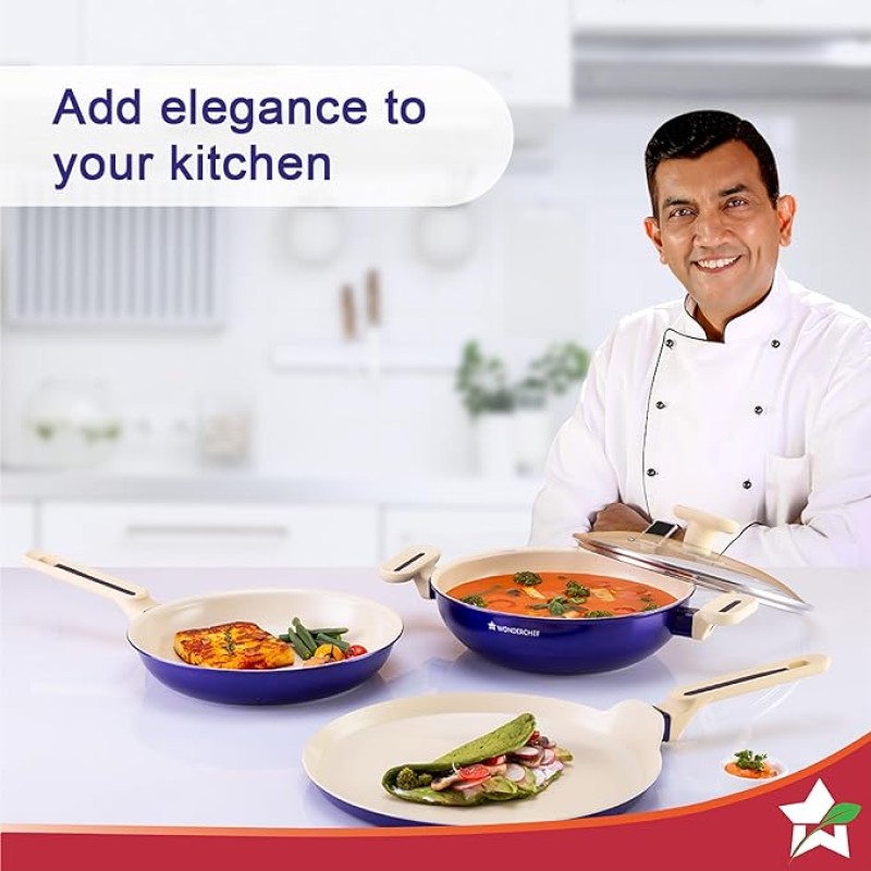 Wonderchef Bellagio Ceramic Non-stick 4 pc Cookware Set, Kadhai with Lid, Fry Pan and Dosa Tawa, Electric Blue, 2 Year warranty by Wonderchef