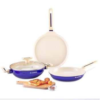 Wonderchef Bellagio Ceramic Non-stick 4 pc Cookware Set, Kadhai with Lid, Fry Pan and Dosa Tawa, Electric Blue, 2 Year warranty by Wonderchef