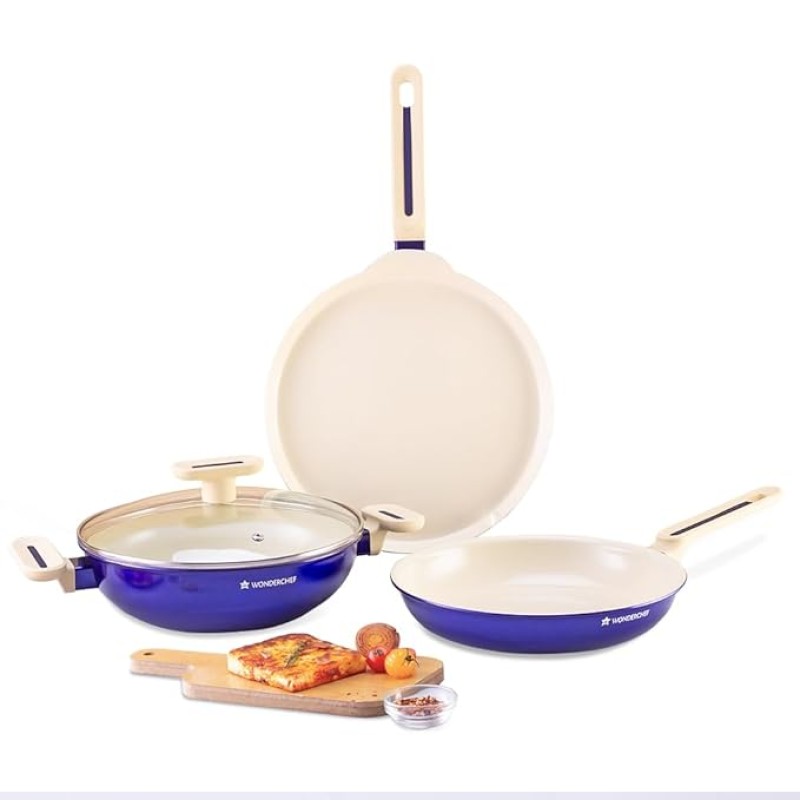 Wonderchef Bellagio Ceramic Non-stick 4 pc Cookware Set, Kadhai with Lid, Fry Pan and Dosa Tawa, Electric Blue, 2 Year warranty by Wonderchef