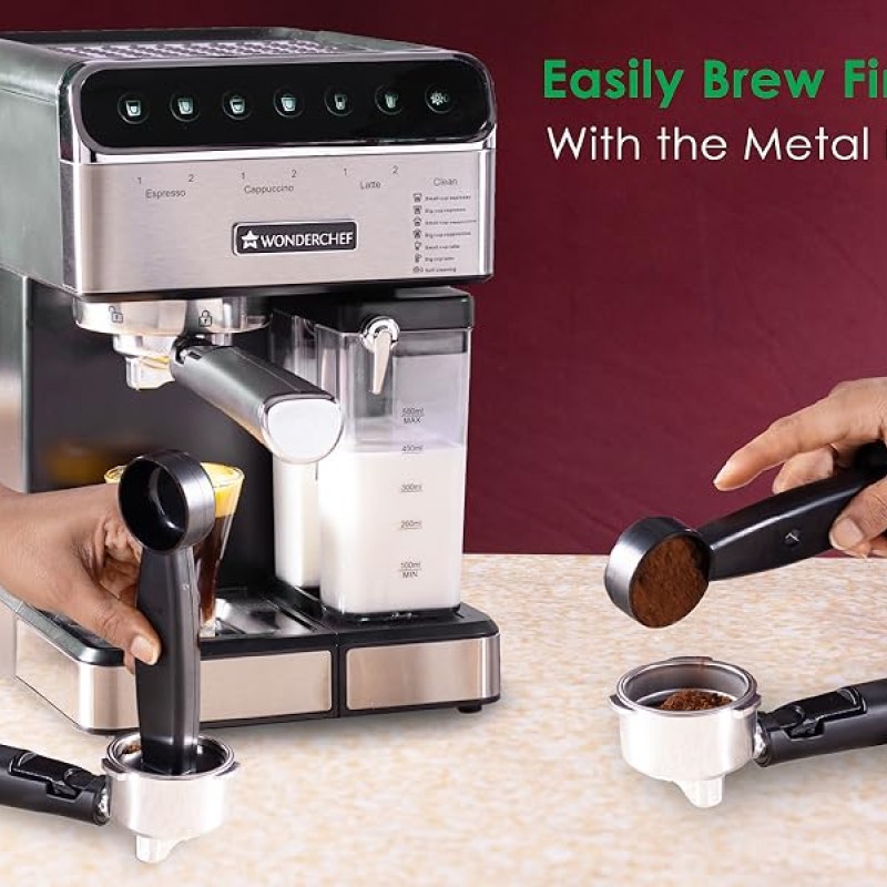 Wonderchef Regenta Automatic Coffee Maker, 20-bar with Auto-Frother, Make Espressos, Cappuccinos & Lattes at Home, With Steamer, Metal Porta Filter, Temperature Dial, 2 Years Warranty