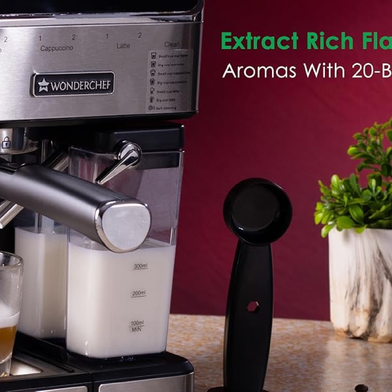 Wonderchef Regenta Automatic Coffee Maker, 20-bar with Auto-Frother, Make Espressos, Cappuccinos & Lattes at Home, With Steamer, Metal Porta Filter, Temperature Dial, 2 Years Warranty