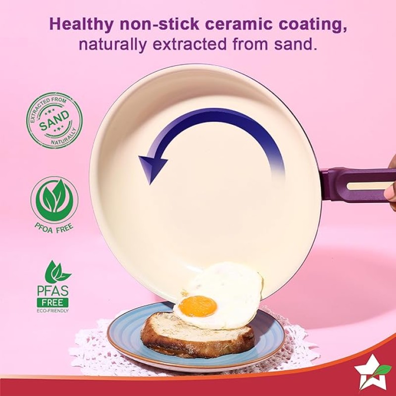 Wonderchef Bellagio Ceramic Non-stick 4 pc Cookware Set, Kadhai with Lid, Fry Pan and Dosa Tawa, Deep Purple, 2 Year warranty by Wonderchef