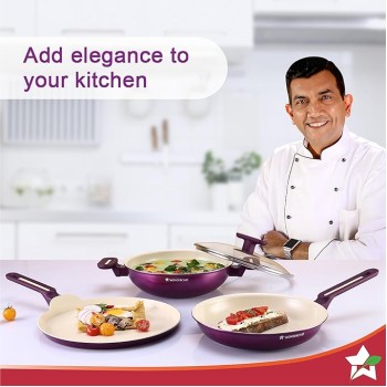 Wonderchef Bellagio Ceramic Non-stick 4 pc Cookware Set, Kadhai with Lid, Fry Pan and Dosa Tawa, Deep Purple, 2 Year warranty by Wonderchef