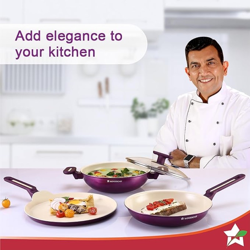 Wonderchef Bellagio Ceramic Non-stick 4 pc Cookware Set, Kadhai with Lid, Fry Pan and Dosa Tawa, Deep Purple, 2 Year warranty by Wonderchef