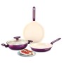 Wonderchef Bellagio Ceramic Non-stick 4 pc Cookware Set, Kadhai with Lid, Fry Pan and Dosa Tawa, Deep Purple, 2 Year warranty by Wonderchef