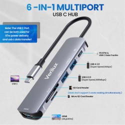 Verilux ® USB C Hub Multiport Adapter 6 in 1 Portable Aluminum USB Extender 