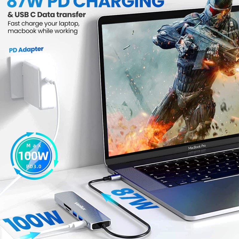 Verilux � USB C Hub Multiport Adapter 6 in 1 Portable Aluminum USB Extender 