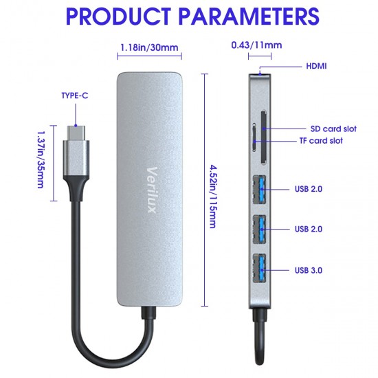 Verilux ® USB C Hub Multiport Adapter 6 in 1 Portable Aluminum USB Extender 