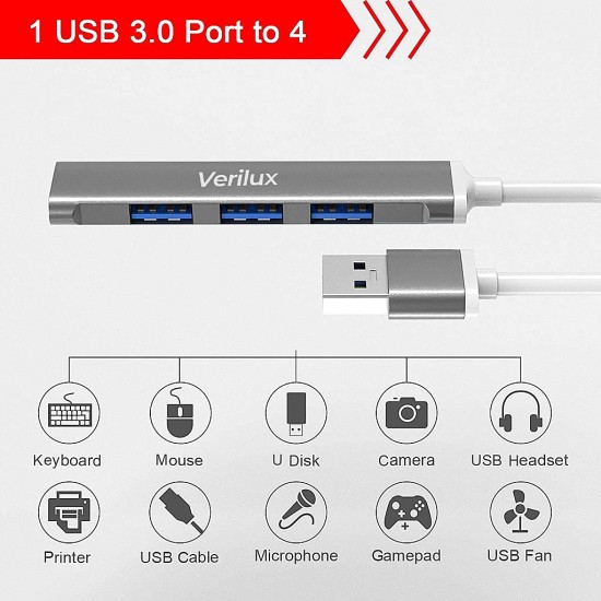 Verilux® USB Hub 3.0 for PC, 4-Port High Speed USB Hub - (Grey)