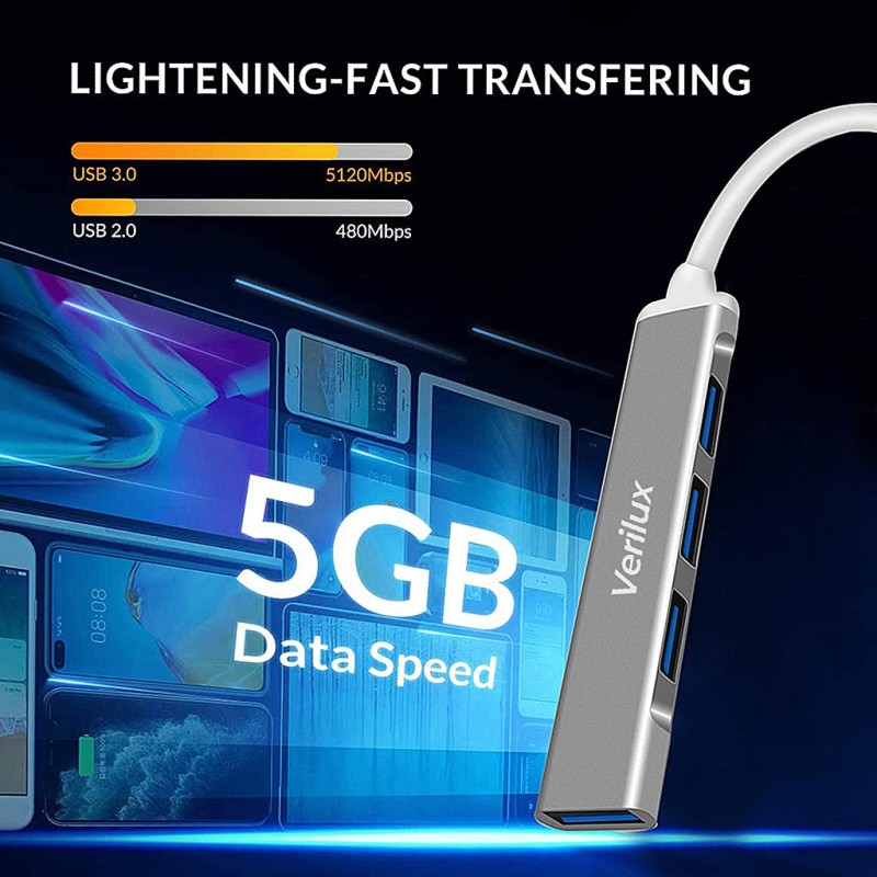 Verilux� USB Hub 3.0 for PC, 4-Port High Speed USB Hub - (Grey) Verilux� USB Hub 3.0 for PC, 4-Port High Speed USB Hub - (Grey)