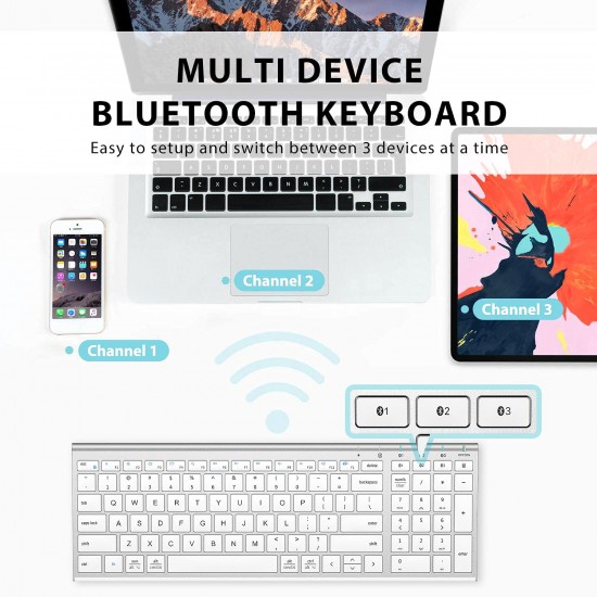 iClever Bluetooth Keyboard BK10, Multi-Device Rechargeable Wireless Keyboard - Sliver