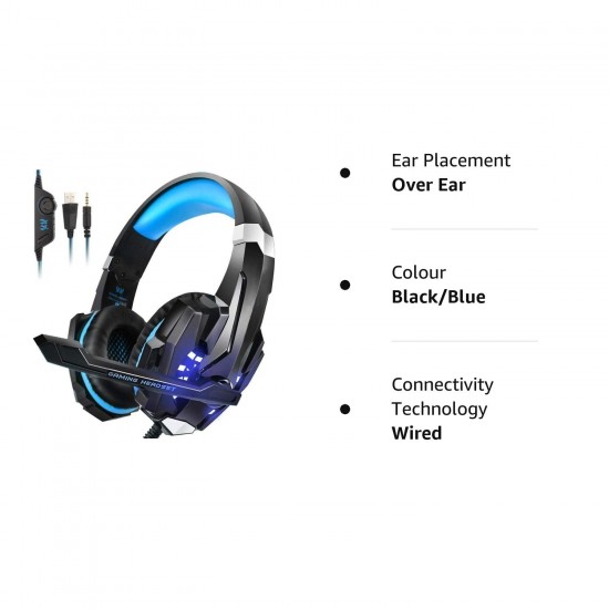 Kotion Each: Over The Ear Wired Headsets With Mic & Led - G9000 Edition For Pc/Ipad/Iphone/Tablets/Mobile Phones (Black/Blue)