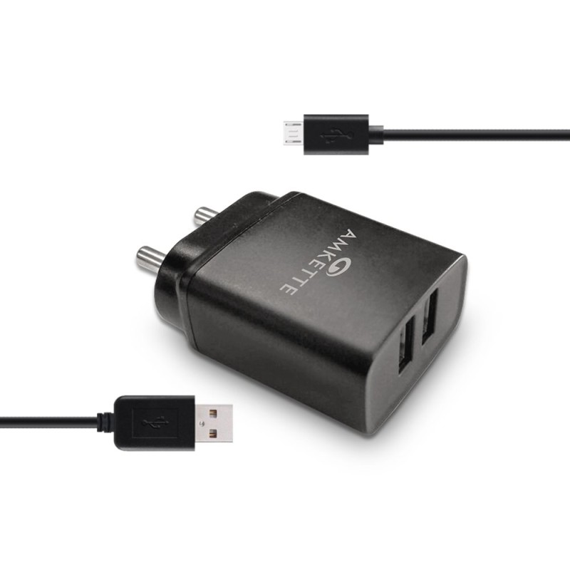 Amkette PowerPro Smart Dual Port Wall Charger MicroUSB Cable Included (2.4 Amperes) (Black) Amkette PowerPro Smart Dual Port Wall Charger MicroUSB Cable Included (2.4 Amperes) (Black)