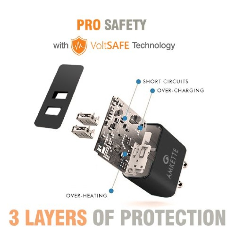 Amkette PowerPro Smart Dual Port Wall Charger MicroUSB Cable Included (2.4 Amperes) (Black) Amkette PowerPro Smart Dual Port Wall Charger MicroUSB Cable Included (2.4 Amperes) (Black)