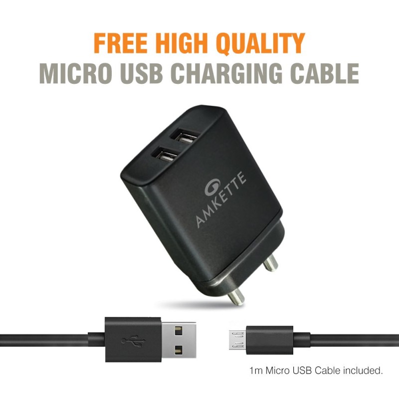 Amkette PowerPro Smart Dual Port Wall Charger MicroUSB Cable Included (2.4 Amperes) (Black) Amkette PowerPro Smart Dual Port Wall Charger MicroUSB Cable Included (2.4 Amperes) (Black)