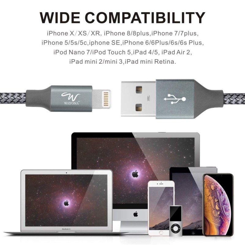 Wayona Nylon Braided 2M / 6FT Fast Charge USB to Lightning Data Sync and Charging Cable for Iphone, Ipad (6 FT Pack of 1, Grey) Wayona Nylon Braided 2M / 6FT Fast Charge USB to Lightning Data Sync and Charging Cable for Iphone, Ipad (6 FT Pack of 1, Grey)