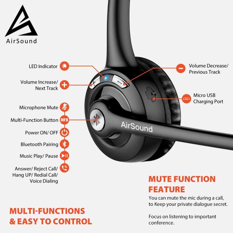 AirSound M6 Pro Bluetooth V5.0 Wireless Headset | Flexible Microphone, for Conference Calls AirSound M6 Pro Bluetooth V5.0 Wireless Headset | Flexible Microphone, for Conference Calls