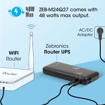ZEBRONICS ZEB-M24Q27 Router UPS with 19200mAh, 48W max, Built-in protections, LED Indicator, DC 12V/9V/5V Input Output Support ZEBRONICS ZEB-M24Q27 Router UPS with 19200mAh, 48W max, Built-in protections, LED Indicator, DC 12V/9V/5V Input Output Support