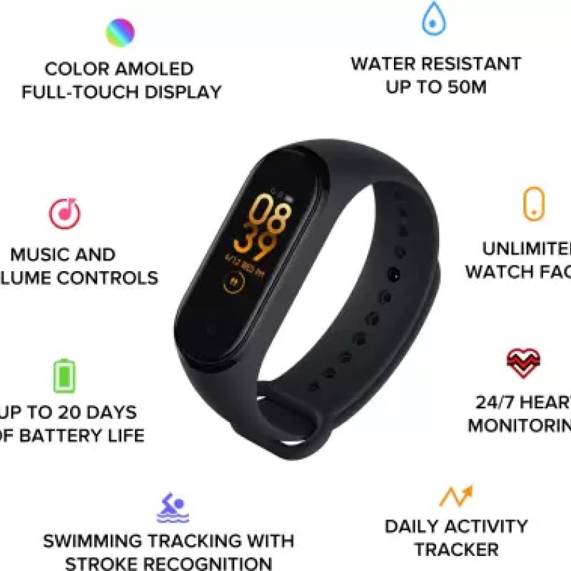 Mi Smart Band 4  (Black Strap, Size : Regular)
