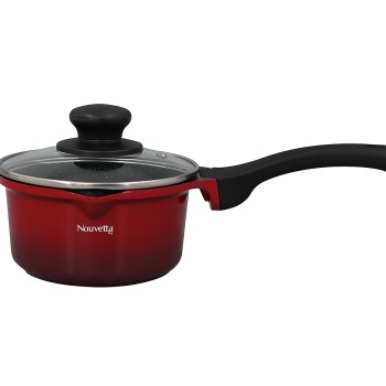 Nouvetta Die Cast Induction Base Non Stick Sauce/Milk Pan with Glass Lid, 16 cm, Thickness 4.5 mm, Red & Black