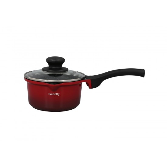 Nouvetta Die Cast Induction Base Non Stick Sauce/Milk Pan with Glass Lid, 16 cm, Thickness 4.5 mm, Red & Black