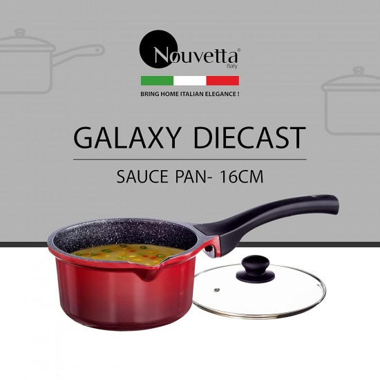 Nouvetta Die Cast Induction Base Non Stick Sauce/Milk Pan with Glass Lid, 16 cm, Thickness 4.5 mm, Red & Black