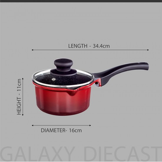 Nouvetta Die Cast Induction Base Non Stick Sauce/Milk Pan with Glass Lid, 16 cm, Thickness 4.5 mm, Red & Black