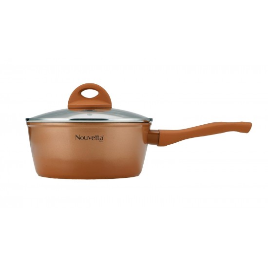 Nouvetta Flame Guard Induction Base Non Stick Sauce/Milk Pan with Glass Lid, 16 cm, Thickness 3.5 mm, Copper