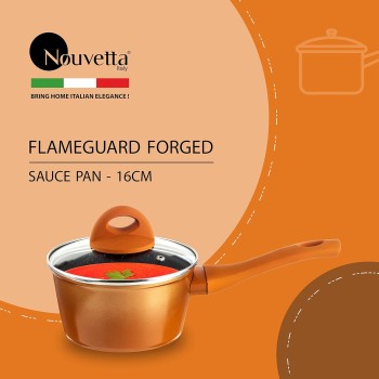 Nouvetta Flame Guard Induction Base Non Stick Sauce/Milk Pan with Glass Lid, 16 cm, Thickness 3.5 mm, Copper Nouvetta Flame Guard Induction Base Non Stick Sauce/Milk Pan with Glass Lid, 16 cm, Thickness 3.5 mm, Copper