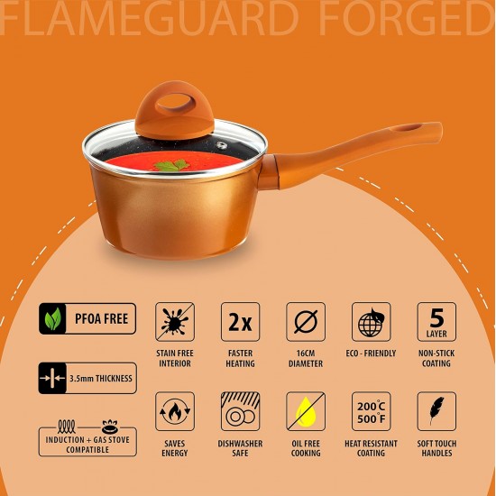 Nouvetta Flame Guard Induction Base Non Stick Sauce/Milk Pan with Glass Lid, 16 cm, Thickness 3.5 mm, Copper