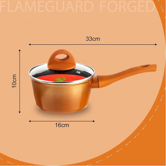 Nouvetta Flame Guard Induction Base Non Stick Sauce/Milk Pan with Glass Lid, 16 cm, Thickness 3.5 mm, Copper