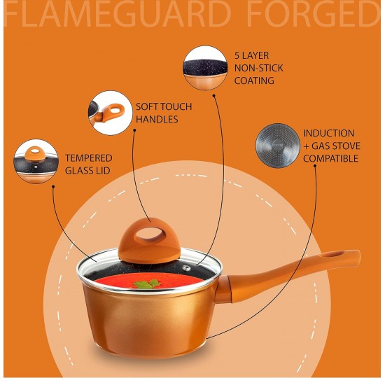 Nouvetta Flame Guard Induction Base Non Stick Sauce/Milk Pan with Glass Lid, 16 cm, Thickness 3.5 mm, Copper