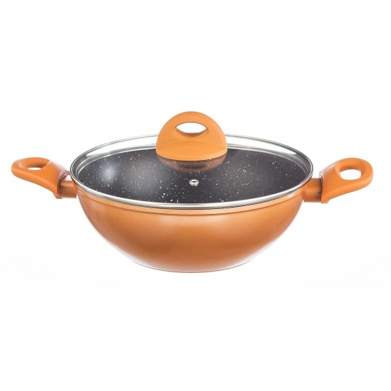 Nouvetta Flame Guard Forged Non Stick Kadhai with Glass Lid (24 cm, 3 Coat, 3.5mm Thickness), Copper