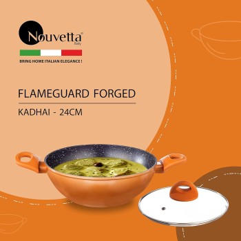 Nouvetta Flame Guard Forged Non Stick Kadhai with Glass Lid (24 cm, 3 Coat, 3.5mm Thickness), Copper Nouvetta Flame Guard Forged Non Stick Kadhai with Glass Lid (24 cm, 3 Coat, 3.5mm Thickness), Copper