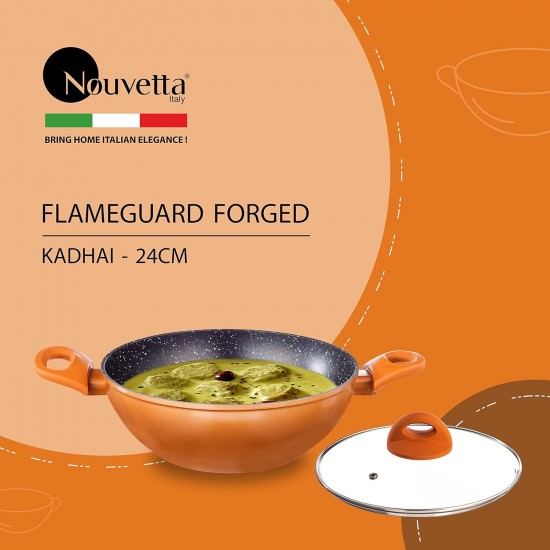 Nouvetta Flame Guard Forged Non Stick Kadhai with Glass Lid (24 cm, 3 Coat, 3.5mm Thickness), Copper