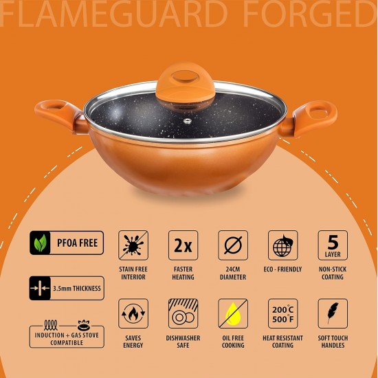 Nouvetta Flame Guard Forged Non Stick Kadhai with Glass Lid (24 cm, 3 Coat, 3.5mm Thickness), Copper