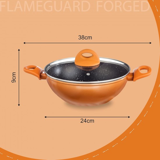 Nouvetta Flame Guard Forged Non Stick Kadhai with Glass Lid (24 cm, 3 Coat, 3.5mm Thickness), Copper