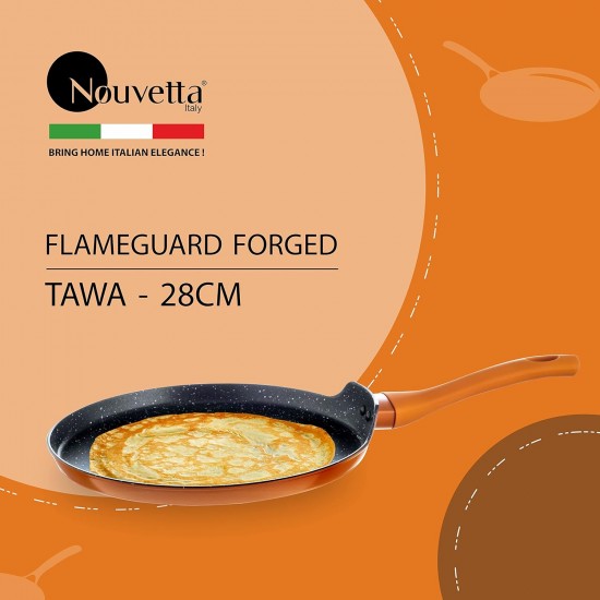 Nouvetta Flame Guard Forged Non-Stick Tawa with 2-Way Non-Stick Coating, 28cm (Induction and Gas Stove Compatible), Copper