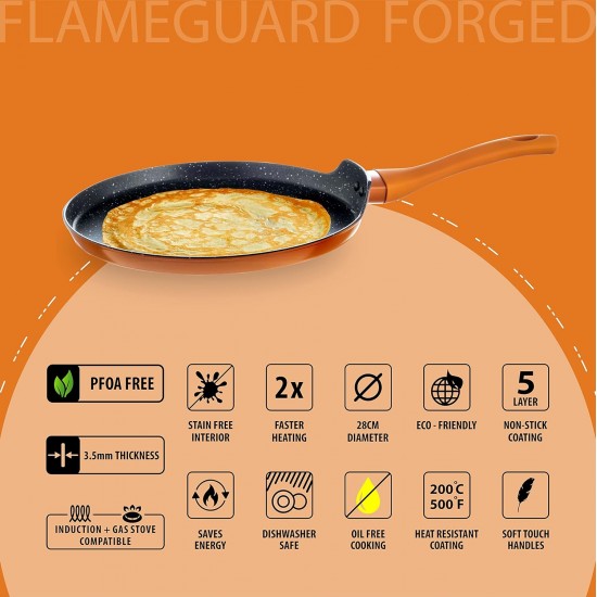 Nouvetta Flame Guard Forged Non-Stick Tawa with 2-Way Non-Stick Coating, 28cm (Induction and Gas Stove Compatible), Copper