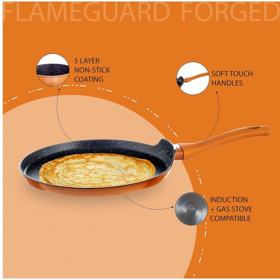 Nouvetta Flame Guard Forged Non-Stick Tawa with 2-Way Non-Stick Coating, 28cm (Induction and Gas Stove Compatible), Copper