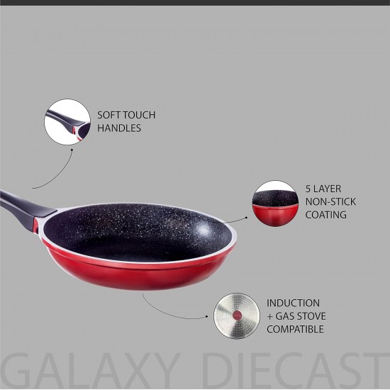 Nouvetta Diecast Non-Stick Fry Pan with 2-Way Non-Stick Coating,24 cm, 4.5 mm Thickness(Induction and Gas Stove Compatible), Red & Black