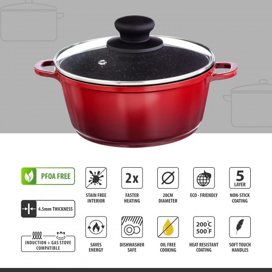 Nouvetta Die Cast Casserole with Lid (20 cm) and 4.5mm Thickness, Red & Black